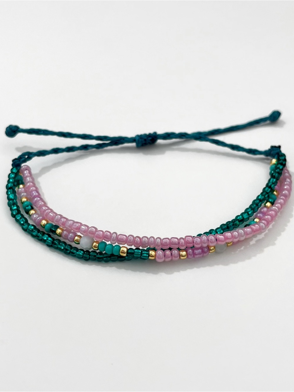 Adjustable Pink and Teal Seed-Bead Bracelet with Gold Accents